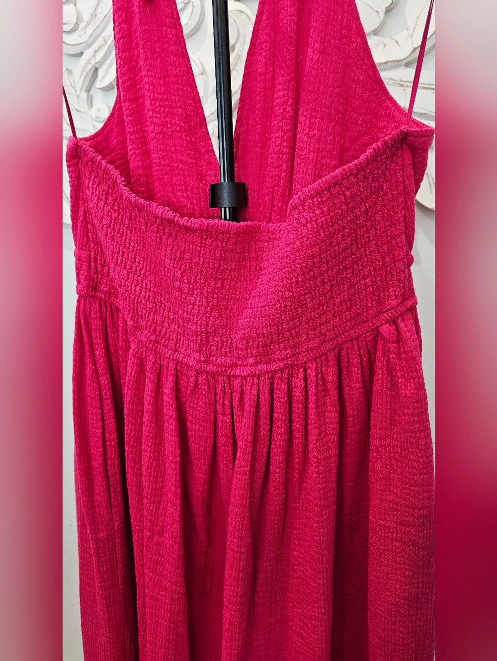 Steve Madden Cotton Gauze Pink Cranberry Halter V-Neck Midi Dress Women's Sz Med - Picture 4 of 11